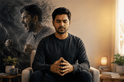 Person sitting quietly in a chair with a symbolic depiction of intense anger in the background