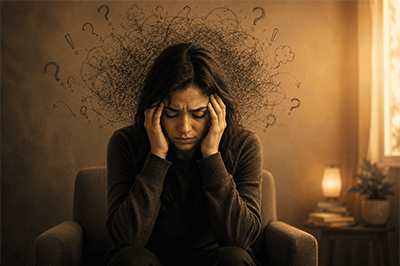 Woman with a worried expression holding her head as abstract patterns behind her illustrate anxiety