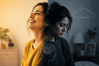 Illustration of the same person shown with contrasting bright and dark backgrounds to represent changing emotional states