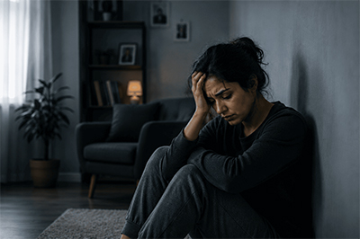 Woman sitting on the floor with her head in her hand, appearing overwhelmed and withdrawn in a dimly lit room