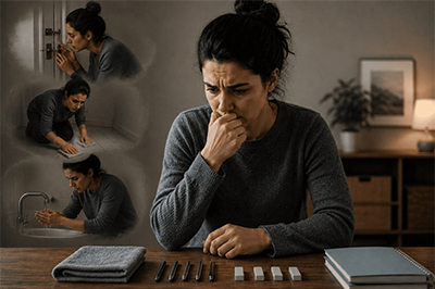 Person sitting at a table arranging small objects in neat rows while appearing deep in thought, with smaller scenes showing repetitive checking and organizing behaviors