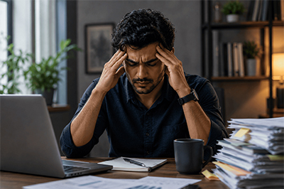 Person sitting at a desk with hands on their temples, surrounded by a laptop, paperwork, and a coffee mug, appearing overwhelmed by work